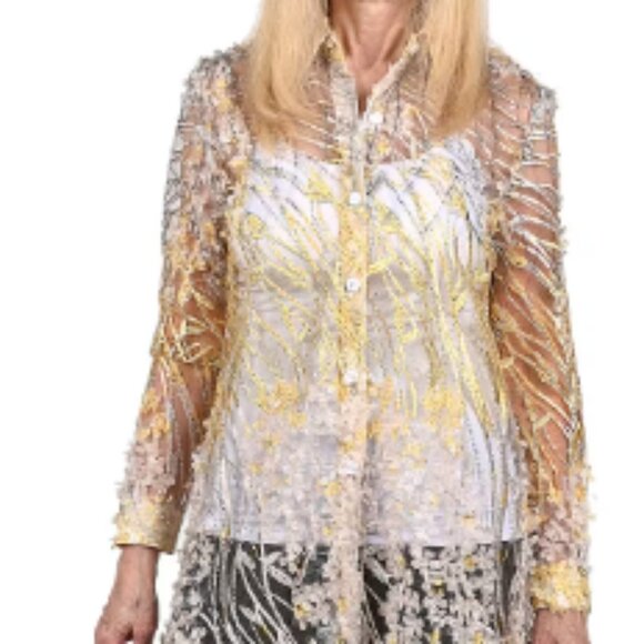 3 Dimensional Yellow & White Flowered Sheer Blouse Top  - Size Medium - Picture 1 of 3